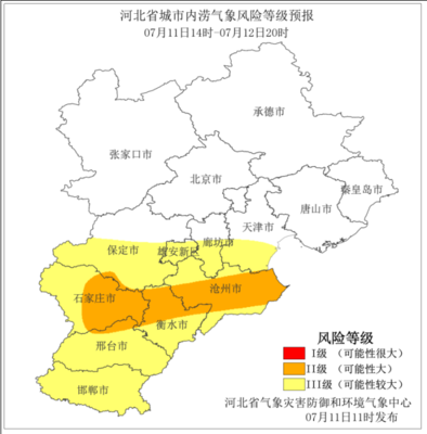 今天下午到明天白天，河北中南部城市内涝气象风险等级较高